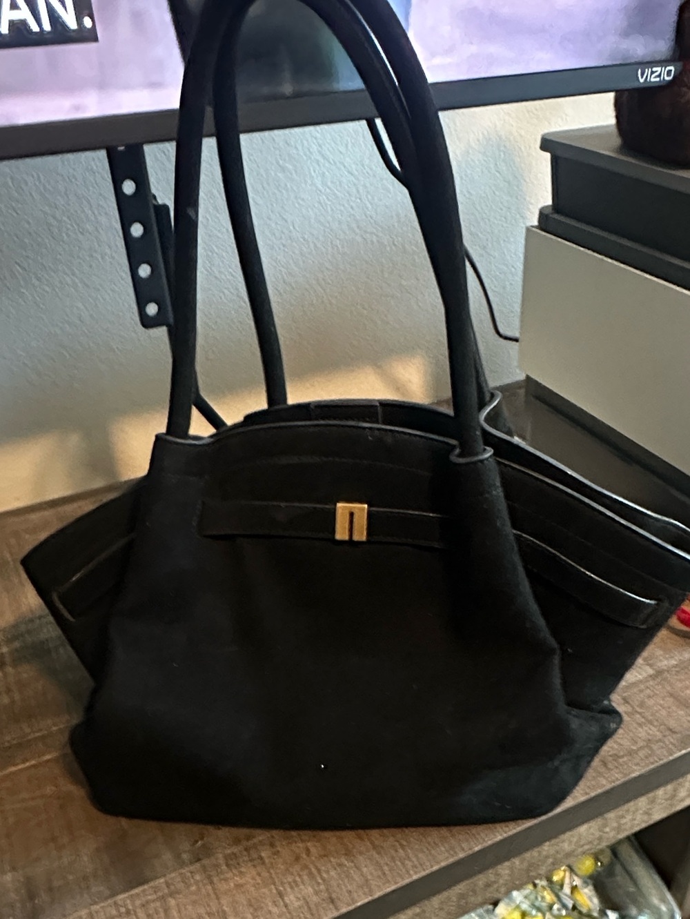 JW PEI Black Suede Shoulder Tote with Gold Accent